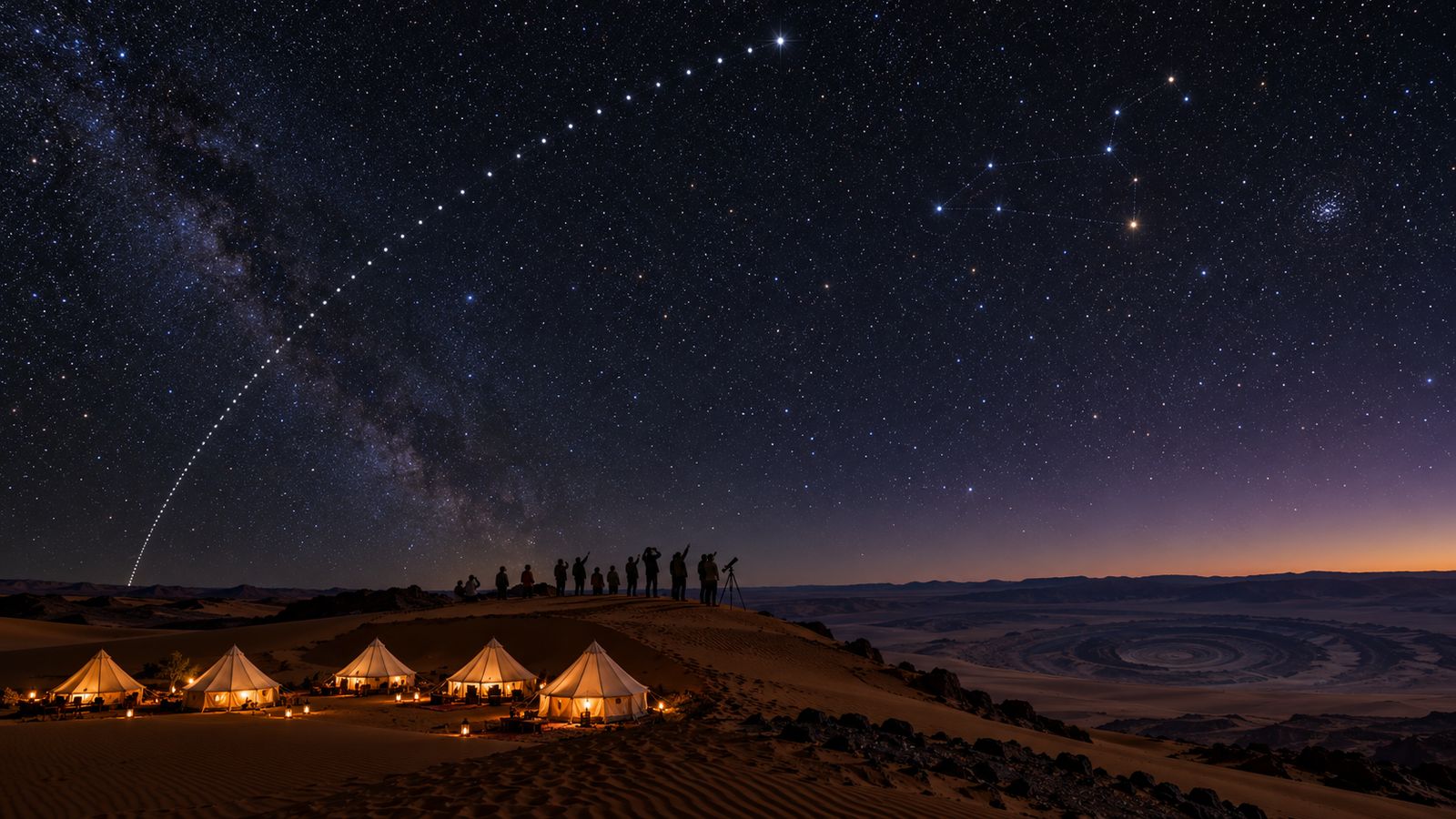 Time-lapse arc of a bright point crossing a starry sky above a desert camp