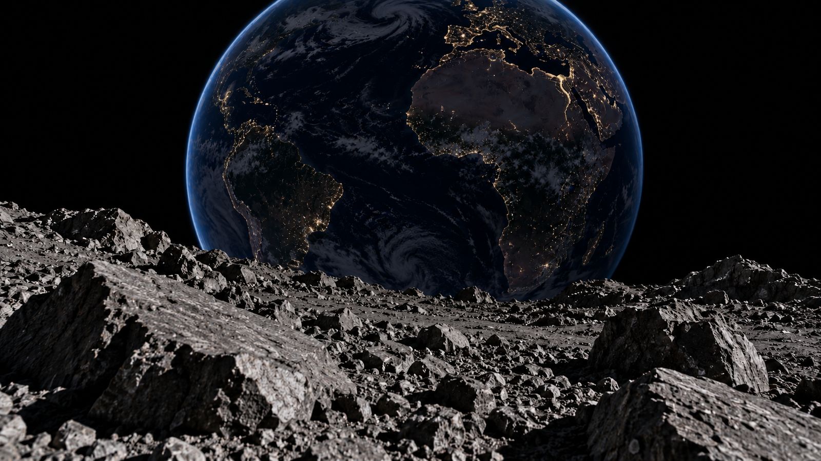 Illustration of Earth seen from a rocky asteroid surface