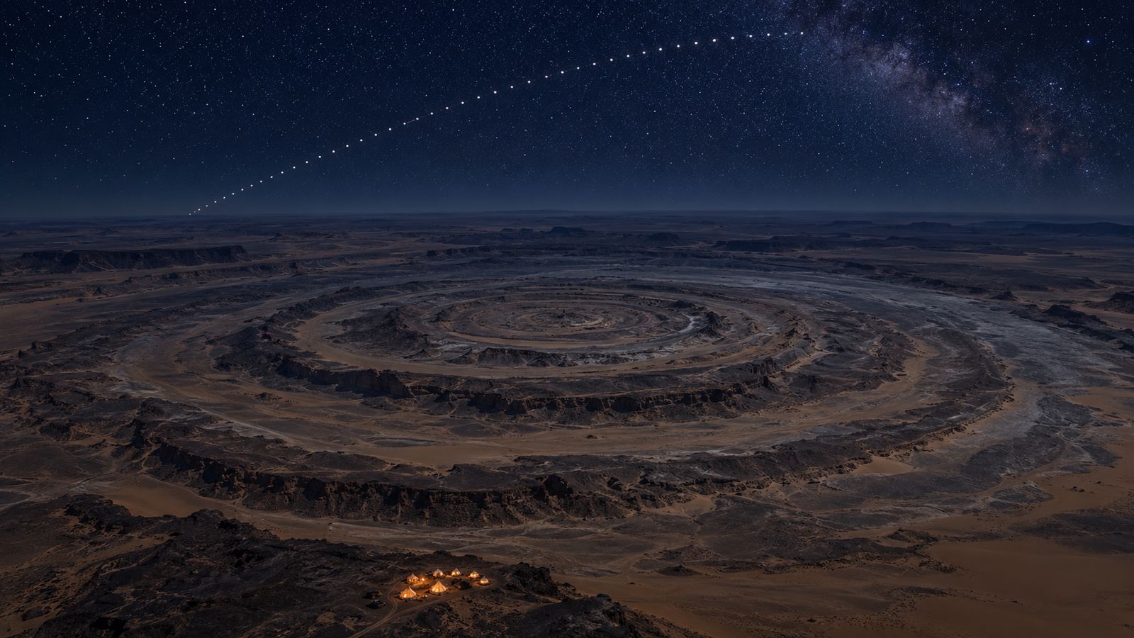 Aerial view of concentric desert rings at night with a small lit camp