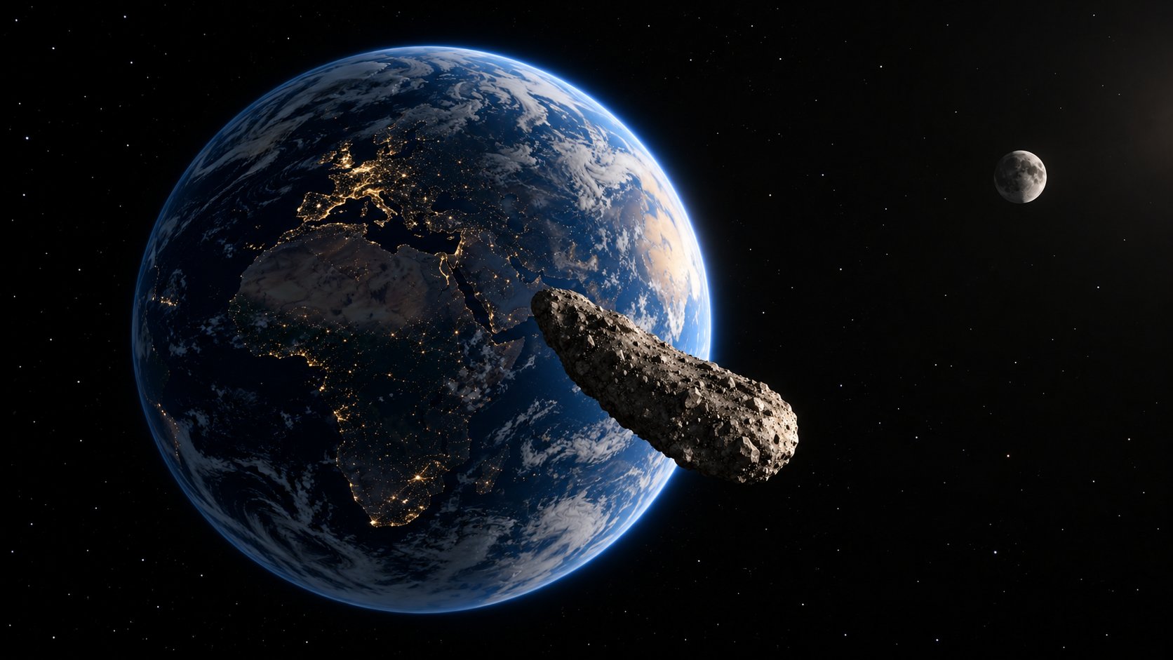 Illustration of an elongated asteroid passing in front of Earth's night side, with the Moon in the distance